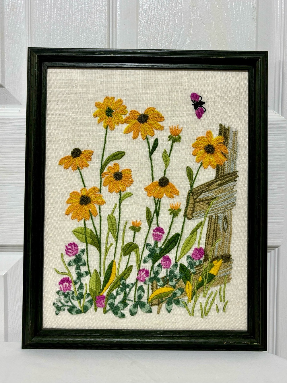 Vintage Hand-Embroidered Wildflower Wall Art - Yellow & Pink Floral